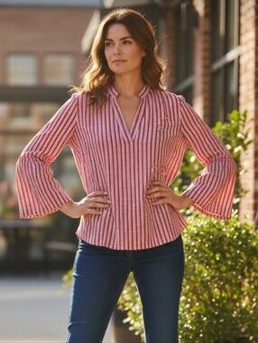 Women’s Pink Stripe Bell-Sleeve Blouse - Classic Casual Top